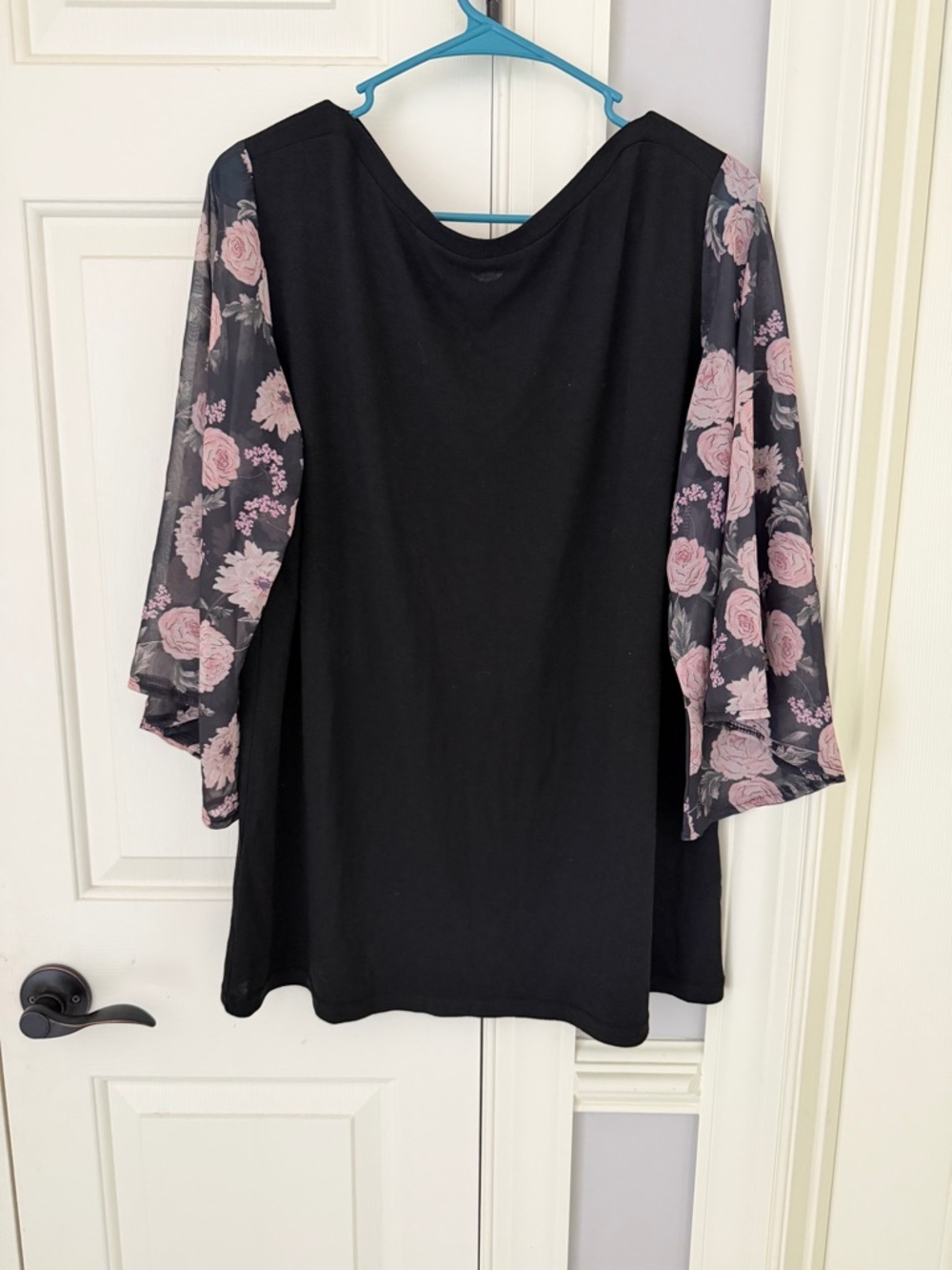 Amaryllis Black Tunic with Pink Floral Sheer Sleeves